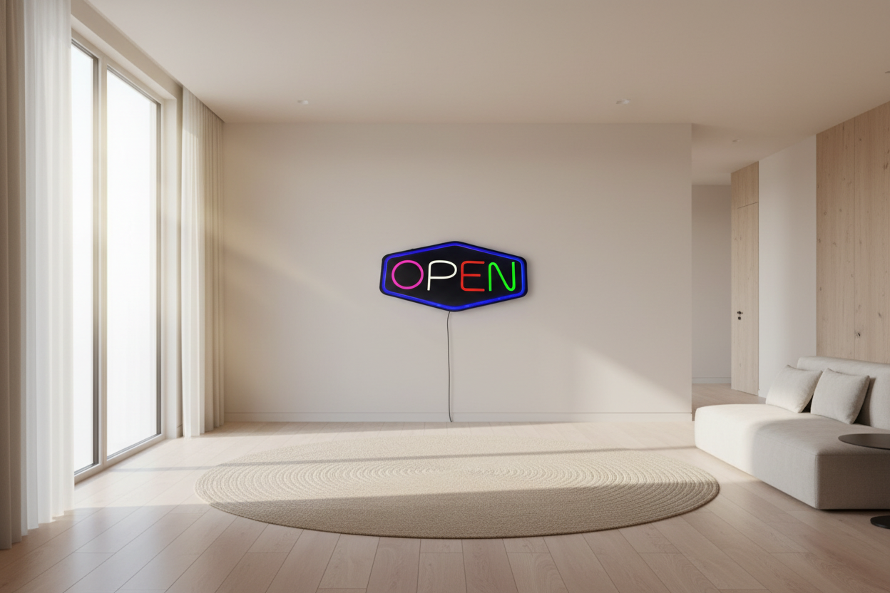 Neon 'OPEN' sign with a measuring tape for scale on a white background